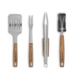 Produktbild: BURNHARD Grillbesteck-Set 4-TLG. 42 cm, Akazienholz Edelstahl, Grillzubehör mit Grillzange, Grillwender, Fleischgabel und Grillbürste mit extra-Langen Holzgriffen und Aufhänge-Ösen