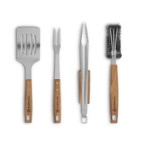 Produktbild: BURNHARD Grillbesteck-Set 4-TLG. 42 cm, Akazienholz Edelstahl, Grillzubehör mit Grillzange, Grillwender, Fleischgabel und Grillbürste mit extra-Langen Holzgriffen und Aufhänge-Ösen