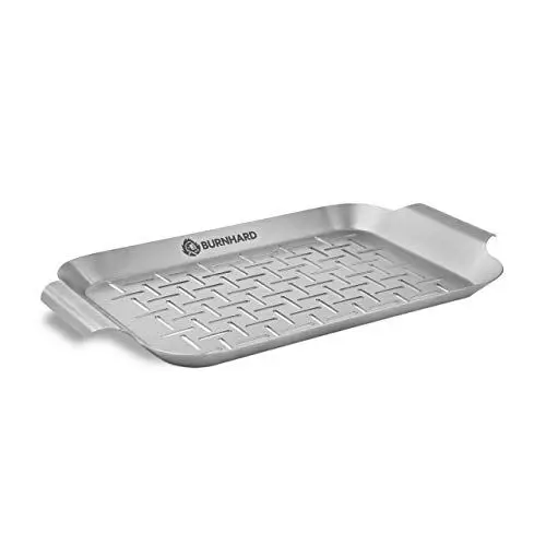 Produktbild: BURNHARD Grillschale 27,5 x 19 x 2 cm aus Edelstahl für Gemüse, Fleisch und Fisch, Gemüsekorb für Gas-, Elektro- und Holzkohlegrill, spülmaschinenfest, rostfrei