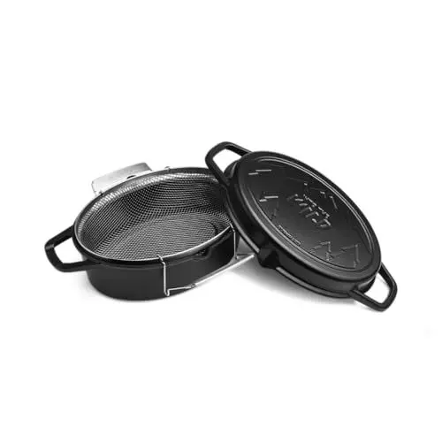 Produktbild: BURNHARD Gusseisenbräter mit Frittierkorb aus Edelstahl, ovaler Bräter, Deckel mit Grillstreifen & Ausgießnasen – 7,5 l Fassungsvermögen