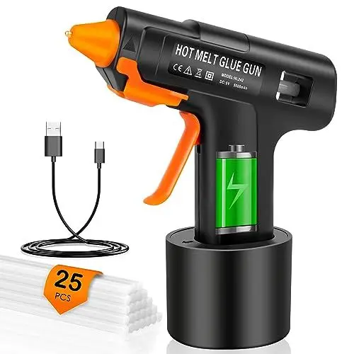 Produktbild: BURNNOVE Heißklebepistole Akku Klebepistole 5000mAh Akku 15s Schnelles Aufheizen Typ-C Wiederaufladbar 25 Heißklebesticks Intelligente Abschaltung Für DIY Kunst, Handwerk und schnelle Reparaturen