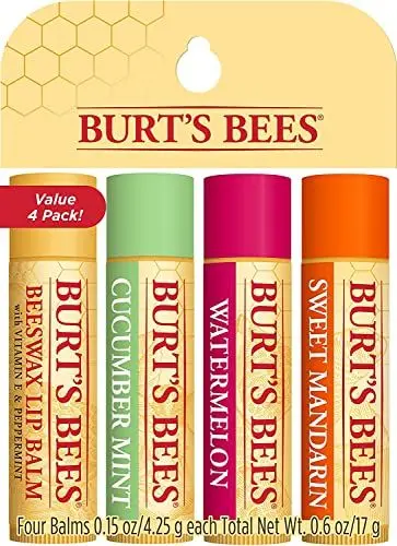 Produktbild: Burt's Bees 100 % natürlicher, feuchtigkeitsspendender Lippenbalsam, Frisch geerntet - Bienenwachs, Gurke-Minze, Wassermelone und süße Mandarine - {4 Tuben × 4.25g }, 4 Stück (1er Pack)