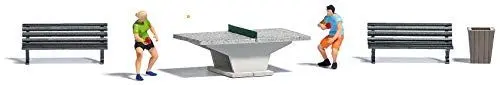 Produktbild: Busch 7843 HO Scale Tischtennis - Ping Pong Miniaturszene - 2 Spielerfiguren, 2 Mülltonnen, Spieltisch und 2 Bänke