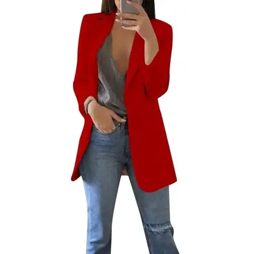 Produktbild: Business Casual Blazer für Frauen - Lässiger Langer Schwarzer Blazer - Damen Jacke Rot XL