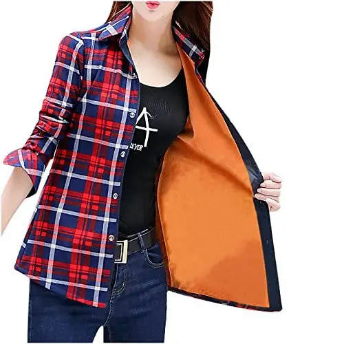 Produktbild: Business Outfit Damen Jacke Damen üBergangsjacke Frauen Plus Samt Dickes Warmes Hemd Baumwolle C Plaid Print Mantel Einreihiger Langarmmantel Winterjacke Damen Wasserdicht Boucle Jacke Damen (Red, XL)