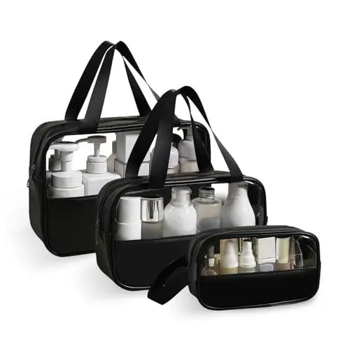 Produktbild: BUTISHIYU 3 Stück Kosmetikbeutel Transparent, wasserdichte Flugzeug Kulturtasche Beutel Make-up Tasche Kosmetiktasche Durchsichtig kulturbeutel PVC Reise Waschtaschen für Männer Damen (Schwarz)