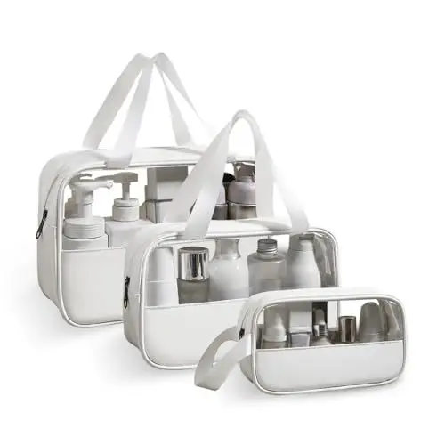 Produktbild: BUTISHIYU 3 Stück Kosmetikbeutel Transparent, wasserdichte Flugzeug Kulturtasche Beutel Make-up Tasche Kosmetiktasche Durchsichtig kulturbeutel PVC Reise Waschtaschen für Männer Damen (Weiß)