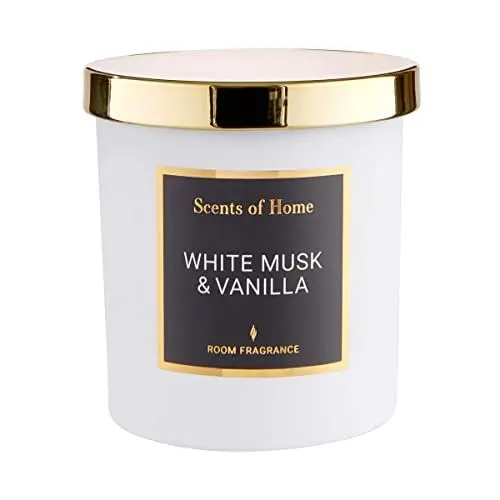 Produktbild: BUTLERS Duftkerze im Glas mit goldenem Deckel -White Musk & Vanilla SCENTS of Home- Natürliche Sojawachs-Kerze 30 Std. Brenndauer | Aromakerzen & Aromatherapie-Duft für den Winter