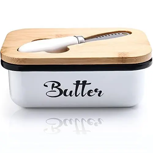 Produktbild: Butterdose mit Holzdeckel，Butterdose edelstahl Butterglocke für 250 g Butter，Butterdose mit Multifunktionales Buttermesser，Große Butterdose aus Edelstahl，Butterbox für Haushalt und Küche(Weiß)