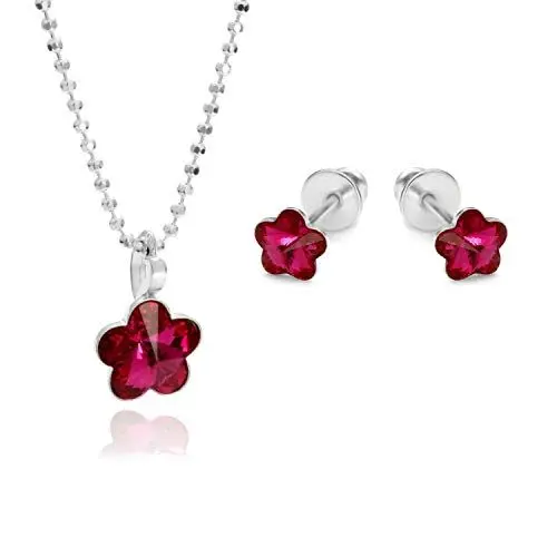 Produktbild: butterfly Mädchen Schmuckset Bestehend aus Kette und Ohrringen Echt Silber Blumer-Anhänger Glücksbringer Purpur Längen-verstellbar Ökologische Verpackung Geschenk