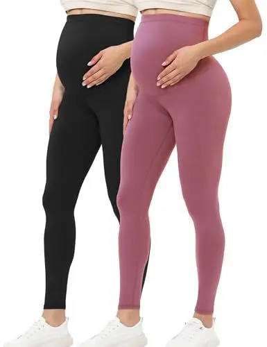 Produktbild: Buttergene Damen Umstandsleggings über dem Bauch Schwangerschaft Active Wear Workout Yoga Tights Hose, 2er-Pack, Schwarz/Dunkelrosa, S