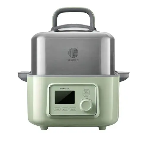 Produktbild: BUYDEEM Multi function Digital Food Steamer for Cooking - Stainless Steel 5L Capacity with Stew Pots and Ceramic Steaming Plate, 1500W, 6 Automatic Programs - Cozy Greenish