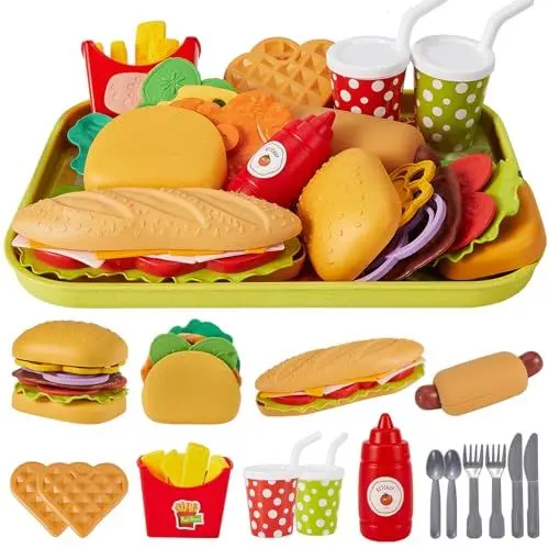 Produktbild: BUYGER Küchenspielzeug Lebensmittel Spielzeug für Kinder, Kinderküche Zubehör, Taco Hamburger Fast Food Kindergrill Spielzeug, Plastik Spiel Essen für Matschküche, Rollenspiele Geschenk 3 + Jahre