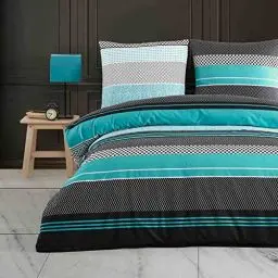 Produktbild: Buymax Bettwäsche 155x220 Baumwolle 2-Teilig Bettgarnitur mit Bettbezug und Kissenbezug 80x80 Renforce Zickzack Muster Chevron Gestreift Bettwäsche-Set, Türkis-Grün Schwarz