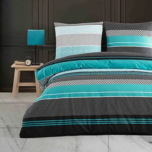Produktbild: Buymax Bettwäsche 155x220 Baumwolle 2-Teilig Bettgarnitur mit Bettbezug und Kissenbezug 80x80 Renforce Zickzack Muster Chevron Gestreift Bettwäsche-Set, Türkis-Grün Schwarz