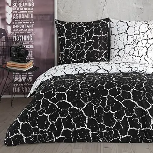 Produktbild: Buymax Bettwäsche 200x200 Baumwolle 3-Teilig Bettgarnitur mit Bettbezug und Kissenbezüge 80x80 Renforce Marmor Optik Granit Bettwäsche-Set wendbar, Schwarz Weiß