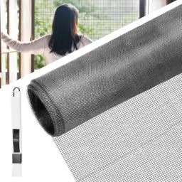 Produktbild: BUZIFU Fliegengitter Meterware, Fiberglas-Fliegengitter Gewebe, 150 x 300 cm, Insektenschutz Gaze Fenster Mesh mit Fensterputzbürste, Schutz gegen Mücken, UV-beständig für Fenster und Türen (grau)