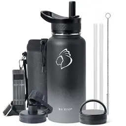 Produktbild: Trinkflasche 1l mit strohhalm, BUZIO Thermosflasche mit Strohhalm Deckel und Isolierte Wasserflasche für Sport Auslaufsichere Isolierflasche, Schwarz Grau