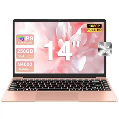 Produktbild: bvate 2025 Notebook 14 Zoll Win 11 Celeron N4020 Laptop 256GB SSD Unterstützung Erweiterung 1 TB SSD Full Metal 1080P BT 4.2 Mini HDMI & Kabellose Maus Tastaturfolie für Tastatur - Rose Gold