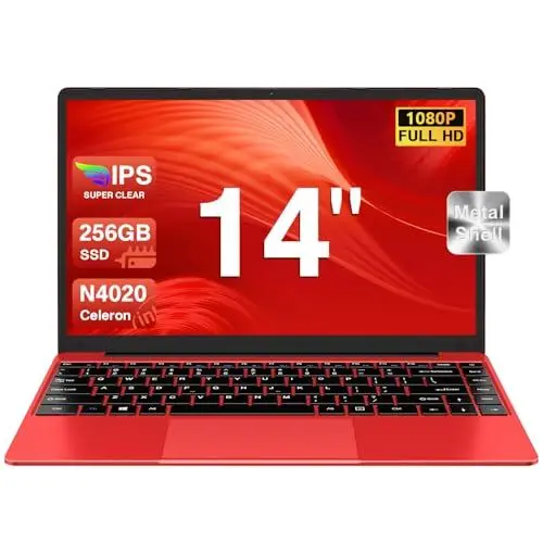 Produktbild: bvate Notebook 14 Zoll Win 11 Celeron N4020 Laptop 256GB SSD Unterstützung Erweiterung 1 TB SSD Full Metal 1080P BT 4.2 Mini HDMI & Kabellose Maus Tastaturfolie für Tastatur- Red