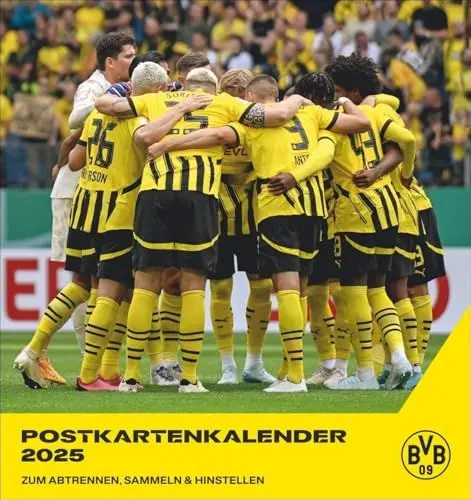 Produktbild: BVB Postkartenkalender 2025: Kleiner Kalender für große Fans: Die Stars von Borussia Dortmund in einem Tischkalender zum Aufstellen oder Aufhängen. Jeden Monat eine Spieler-Postkarte. (ABAJH41(04))
