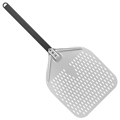 Produktbild: BVHOTO Perforierter Pizzaschieber 12 Zoll, harteloxierte pizzaschaufel, Rechteckige profi Pizzaschaufel mit Verbrühungshemmend Griff für pizzastein und brots chaufel