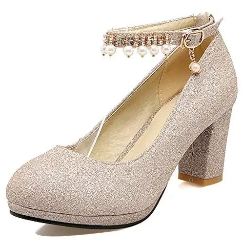 Produktbild: MJIASIAWA Bride Hochzeit Glitzer Blockabsatz Knöchelriemchen Pumps Kleid Damen Höhe Ferse Abend Prom Plateau Pumps Gold Gr 43 EU/45 Asiatisch
