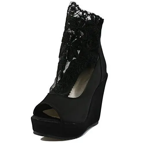 Produktbild: Bviennic Daherren Bridal Hohen Keilabsatz Mesh Stiefeletten Reißverschluss Atmungsaktiv Sommer Plateau Party Schuhe Elegant Schwarz Gr 45 EU-47Cn