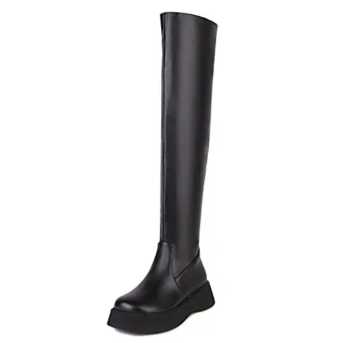 Produktbild: Bviennic Daherren Runde Zehen Overknees Plateau Boots Reißverschluss Winter Leisure Komfort Flats Mode Stretch Stiefel Schwarz Gr 39 EU-40Cn