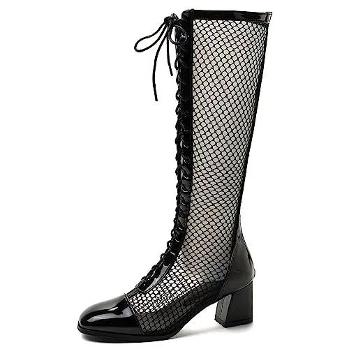 Produktbild: Bviennic Daherren Square Toe Lack Mesh Boots Blockabsatz Cut Out Atmungsaktiv Schnüren Mode Biker Chukka Combat Stiefeletten Schwarz/Knee/5.5Cm Gr 52 EU-54Cn