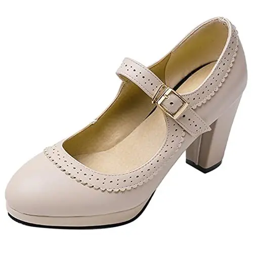 Produktbild: Bviennic Damen Closed Toe Chunky Heel Mary Jane Pumps Knöchelriemchen Plateau Runde Zehen Bride Elegant Hochzeit Schuhe Bows Aprikose Gr 32 EU