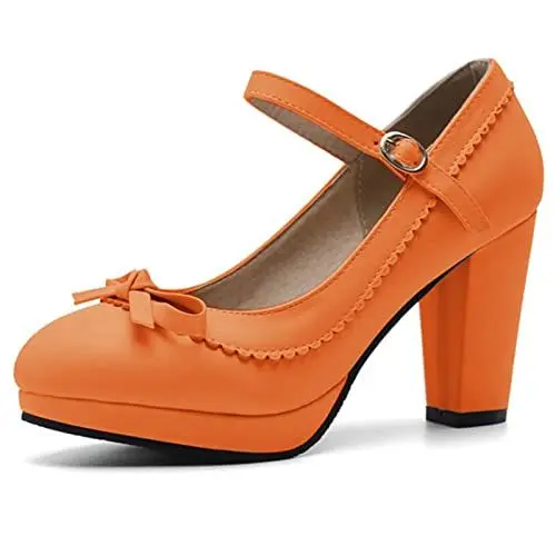Produktbild: Bviennic Damen Closed Toe Chunky Heel Mary Jane Pumps Knöchelriemchen Plateau Runde Zehen Bride Elegant Hochzeit Schuhe Bows Orange Gr 38 Eu-39Cn