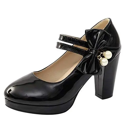 Produktbild: Bviennic Damen Closed Toe Mary Jane Blockabsatz Pumps Lack Bride Hochzeit Runde Zehen Plateau Sweet Sommer Party Schuhe Schwarz Gr 46 Eu-48Cn
