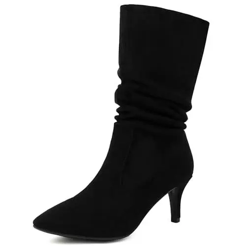 Produktbild: Bviennic Damen Kitten Heel Stiefel Pleated Mitte Absatz Stiefeletten Pointed Toe Ohne Verschluss Mode Lockere Stiefel, L172663Fc Schwarz-Rl Gr 46 EU/48Cn