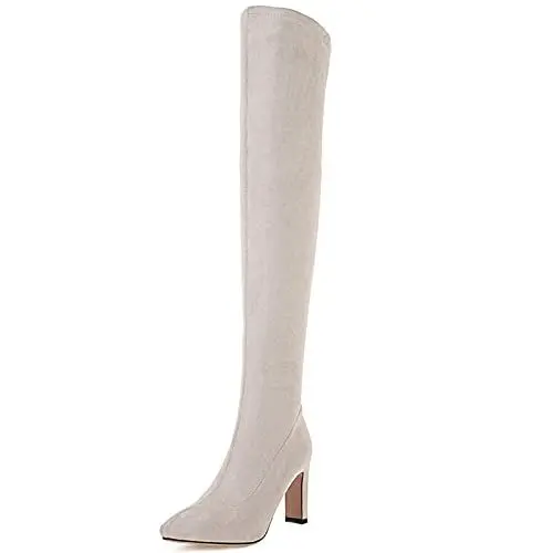 Produktbild: Bviennic Damen Ohne Verschluss Thigh Stretch Stiefel Pointed Toe Elegant Kleid Blockabsatz Mode Wildleder Overknees Boots Beige Gr 36 Eu