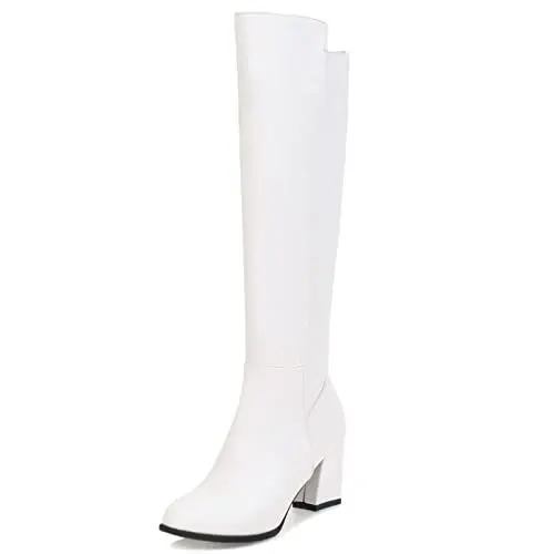 Produktbild: Bviennic Damen Ohne Verschluss Winter Mode Knee Stretch Reitstiefel Elegant Party Hohen Blockabsatz Warm Equestrian Overknees Stiefel Weiß Gr 33 Eu