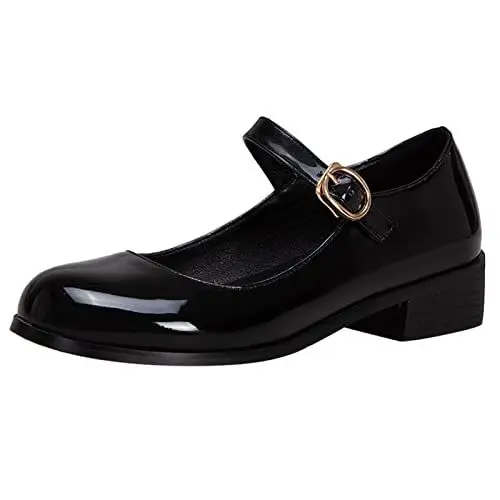 Produktbild: Bviennic Damen Schule Mitte Absatz Lack Mary Jane Schuhe Runde Zehen Komfort Knöchelriemchen Blockabsatz Pumps Formal Sommer Schuhe Schwarz Gr 43 Eu-45Cn