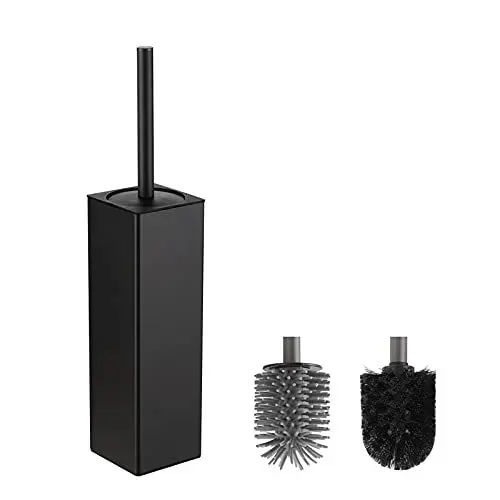 Produktbild: BVL WC Bürsten & Halter Schwarz, Metall Toilettenbürste Inklusive 2 Bürstenköpfe, Freistehende Quadratisch Silikon Toilettenbürste für das Badezimmer