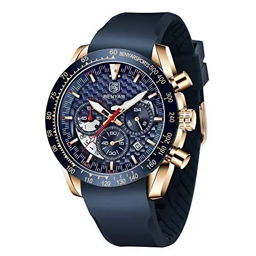 Produktbild: BY BENYAR Herren-Armbanduhr, wasserdicht, Chronograph, beleuchtet, klassisch, Lederarmband, großes Zifferblatt, Datum, Analog, Herren, Elegantes Geschenk