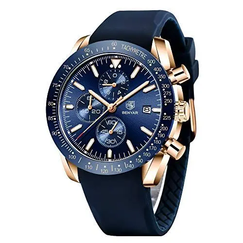Produktbild: BY BENYAR Herren Analoger Chronograph Quarzuhr 30M Wasserdicht Leuchtende Datumsanzeige Freizeituhr Sport Lederuhr.(Gummi Gold Blau)