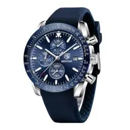 Produktbild: BY BENYAR Herren Analoger Chronograph Quarzuhr 30M Wasserdicht Leuchtende Datumsanzeige Freizeituhr Sport Lederuhr.(Gummi Silber Blau)