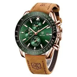 Produktbild: BY BENYAR Herren Business Analoger Chronograph Quarzuhr 30M Wasserdicht Leuchtende Datumsanzeige Modische Freizeituhr Sport Multifunktions Lederuhr.（Gold Grün）