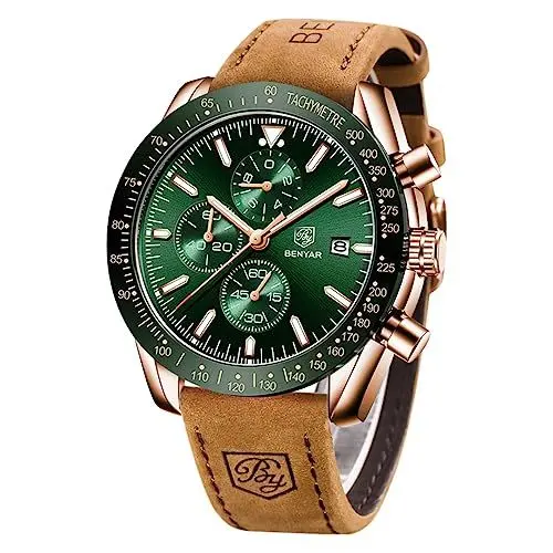 Produktbild: BY BENYAR Herren Business Analoger Chronograph Quarzuhr 30M Wasserdicht Leuchtende Datumsanzeige Modische Freizeituhr Sport Multifunktions Lederuhr.（Gold Grün）