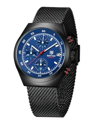 Produktbild: BY BENYAR Herrenuhr Quarzwerk Modische und einfache Zeiger Stil Edelstahl Mesh Armband wasserdichte Timing Code Uhrenarmband Datumsanzeige Funktion(Schwarz Blau)