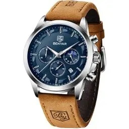 Produktbild: BY BENYAR Uhren Herren Armbanduhr Herren Chronograph Analog Quarz Wasserdicht Braunes Lederarmband Herrenuhr Leuchtende Datum Mode Lässig Business-Kleid Uhren Elegantes Geschenk fur Männer