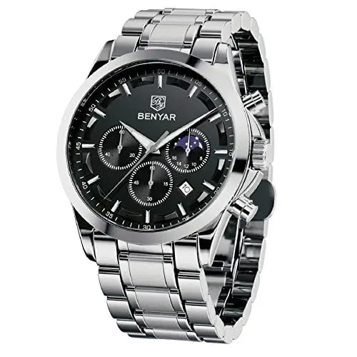 Produktbild: BY BENYAR Uhren Herren Edelstahl Armbanduhr Herren Chronograph Analog Quarz Wasserdicht Herrenuhr Leuchtende Datum Mode Lässig Business-Kleid Uhren Elegantes Geschenk fur Männer