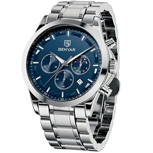 Produktbild: BY BENYAR Uhren Herren Edelstahl Armbanduhr Herren Chronograph Analog Quarz Wasserdicht Herrenuhr Leuchtende Datum Mode Lässig Business-Kleid Uhren Elegantes Geschenk fur Männer