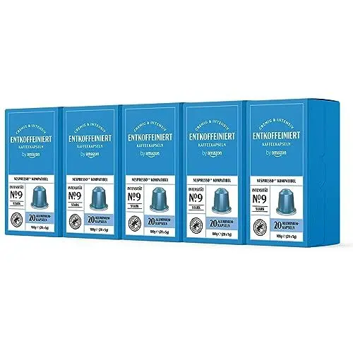 Produktbild: by Amazon Espresso entkoffeinierte Nespresso kompatible Kaffeekapseln, Aluminium- Kapseln, Mittlere Röstung, 100 Stück (5 Packungen mit 20) - Rainforest Alliance-zertifiziert