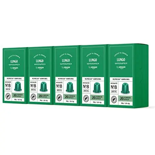 Produktbild: by Amazon Lungo Nespresso kompatible Kaffeekapseln, Aluminium- Kapseln, Mittlere Röstung, 100 Stück, 5 Packungen mit 20 - Rainforest Alliance-zertifiziert