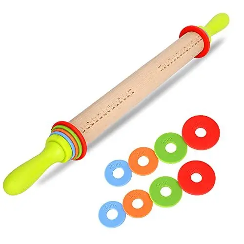 Produktbild: BYbrutek Buchenholz Nudelholz mit Griff, Einstellbares Teigroller mit 4 Abstandshalter für Teigdicken, Anti-Haft Backzubehör, 36cm